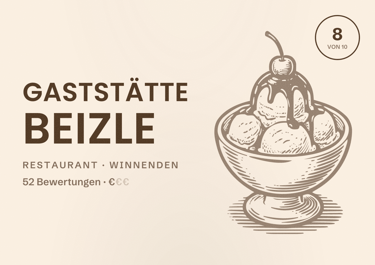 Illustriertes Poster von Gaststätte Beizle, Restaurant in Winnenden: Bewertung 8 von 10 aus 52 Bewertungen, Preisniveau €