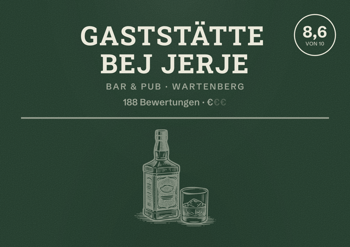 Illustriertes Poster von Gaststätte Bej Jerje, Bar & Pub in Wartenberg: Bewertung 8,6 von 10 aus 188 Bewertungen, Preisniveau €