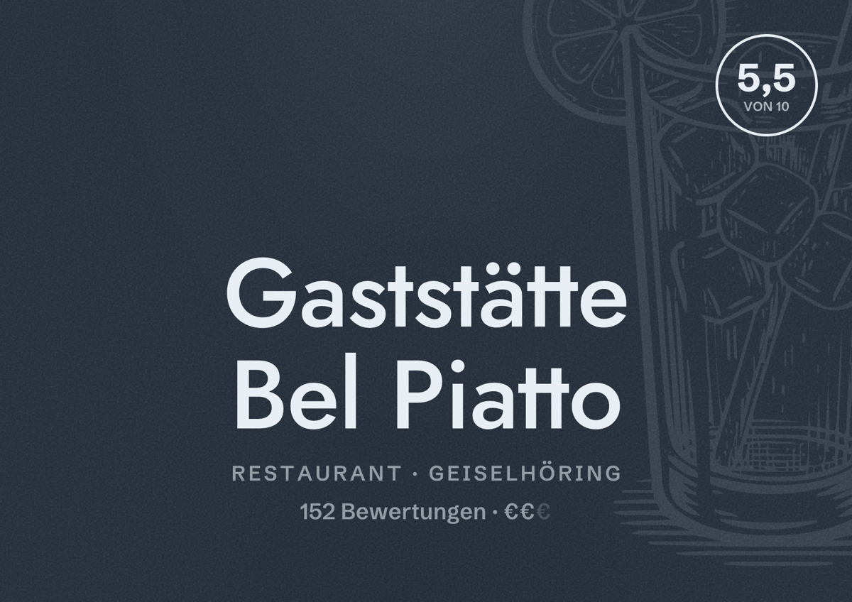 Illustriertes Poster von Gaststätte Bel Piatto, Restaurant in Geiselhöring: Bewertung 5,5 von 10 aus 152 Bewertungen, Preisniveau €€