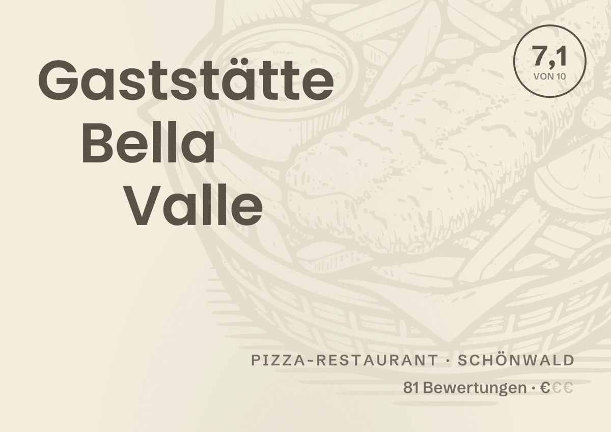 Illustriertes Poster von Gaststätte Bella Valle, Pizza-Restaurant in Schönwald: Bewertung 7,1 von 10 aus 81 Bewertungen, Preisniveau €