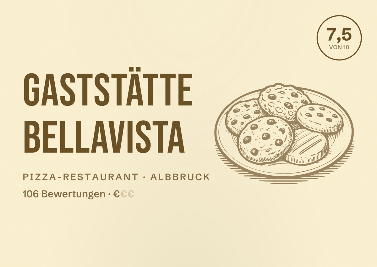 Illustriertes Poster von Gaststätte Bellavista, Pizza-Restaurant in Albbruck: Bewertung 7,5 von 10 aus 106 Bewertungen, Preisniveau €