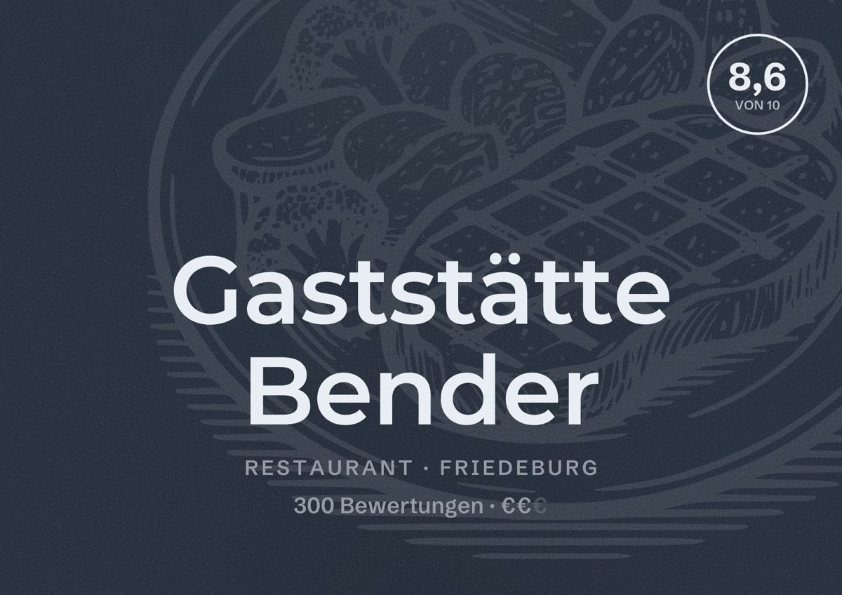 Illustriertes Poster von Gaststätte Bender, Restaurant in Friedeburg: Bewertung 8,6 von 10 aus 300 Bewertungen, Preisniveau €€