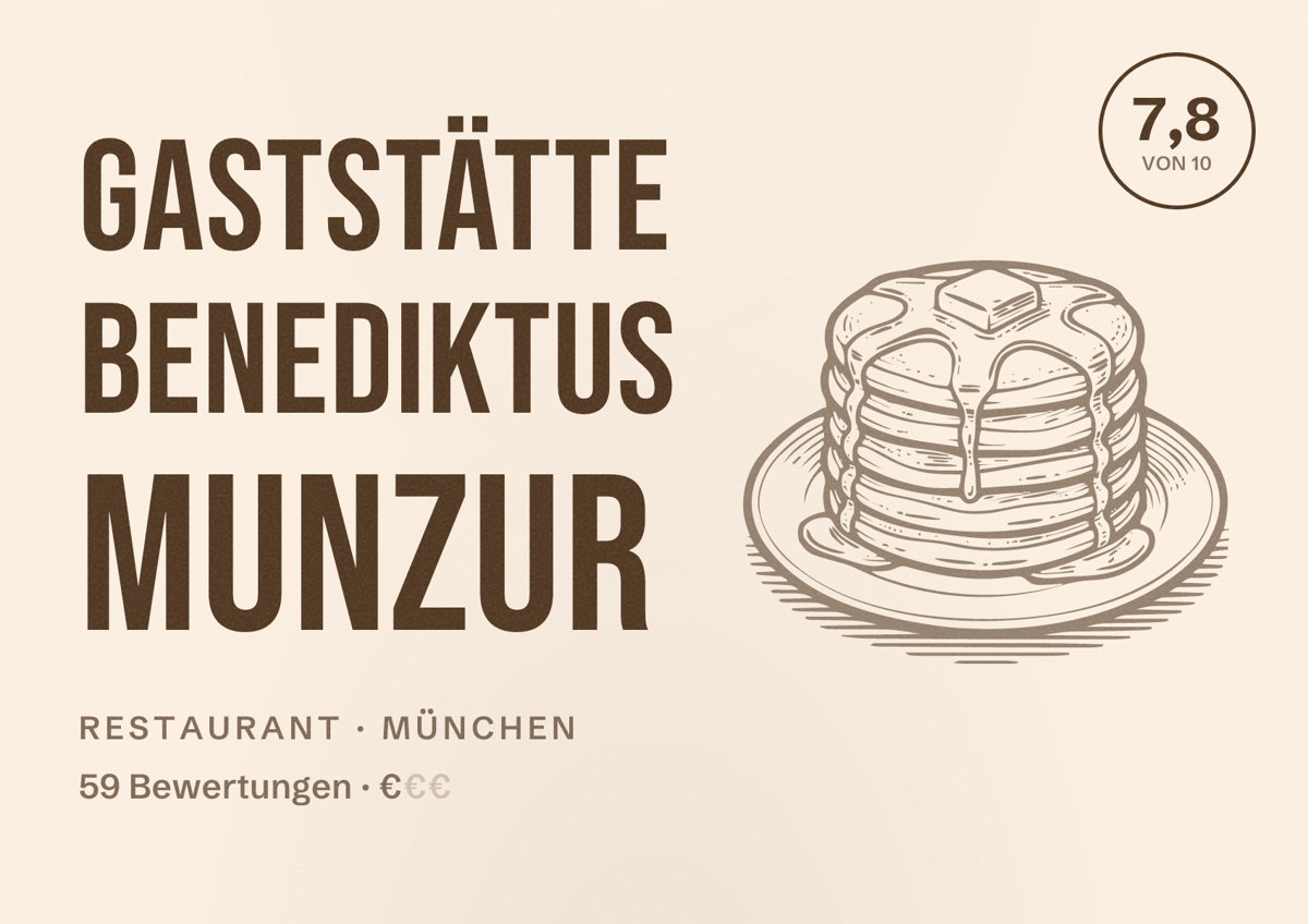 Illustriertes Poster von Gaststätte Benediktus Munzur, Restaurant in München: Bewertung 7,8 von 10 aus 59 Bewertungen, Preisniveau €