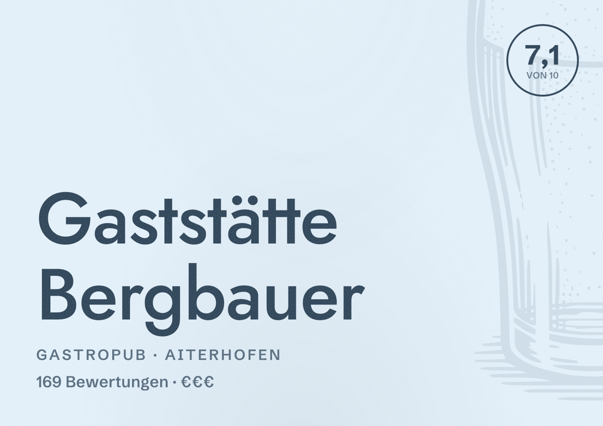 Illustriertes Poster von Gaststätte Bergbauer, Gastropub in Aiterhofen: Bewertung 7,1 von 10 aus 169 Bewertungen, Preisniveau €€€