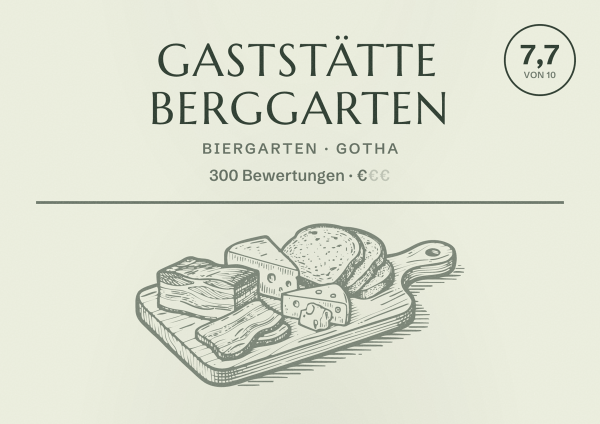 Illustriertes Poster von Gaststätte Berggarten, Biergarten in Gotha: Bewertung 7,7 von 10 aus 300 Bewertungen, Preisniveau €