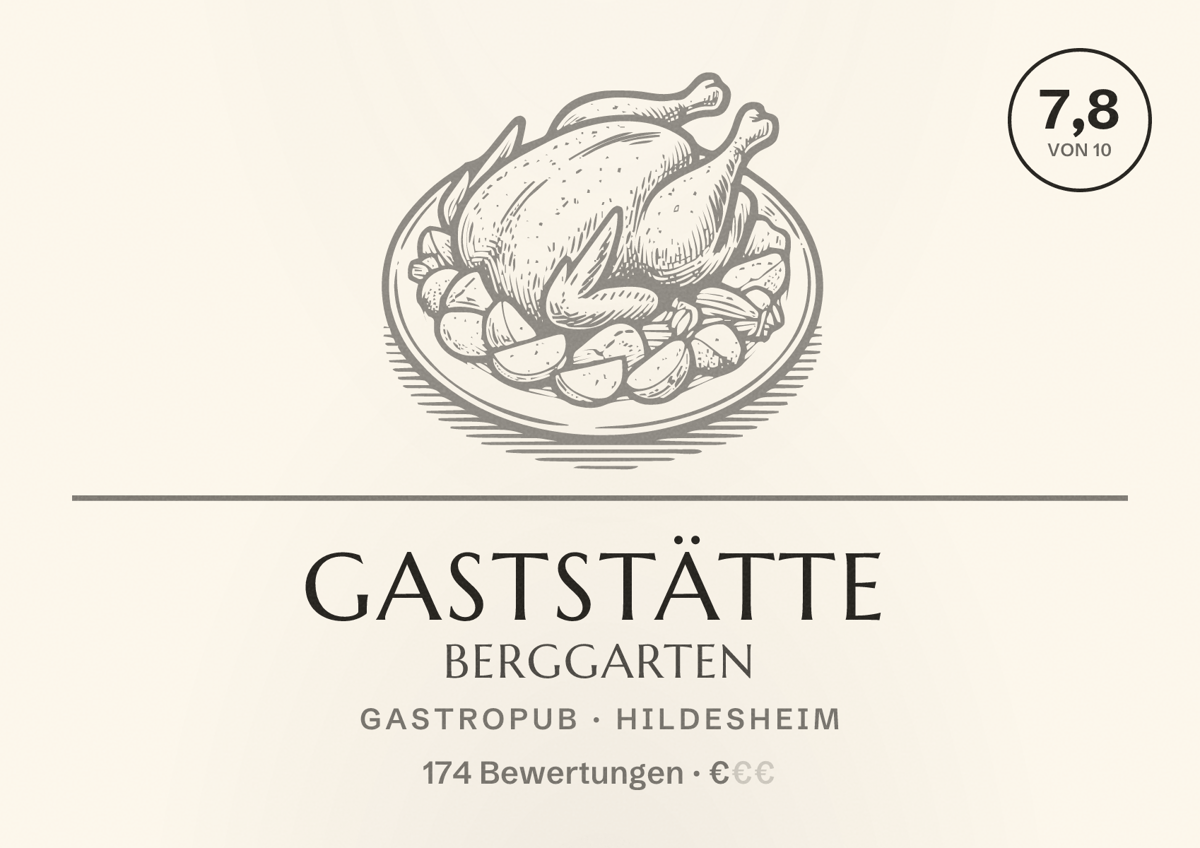 Illustriertes Poster von Gaststätte Berggarten, Gastropub in Hildesheim: Bewertung 7,8 von 10 aus 174 Bewertungen, Preisniveau €
