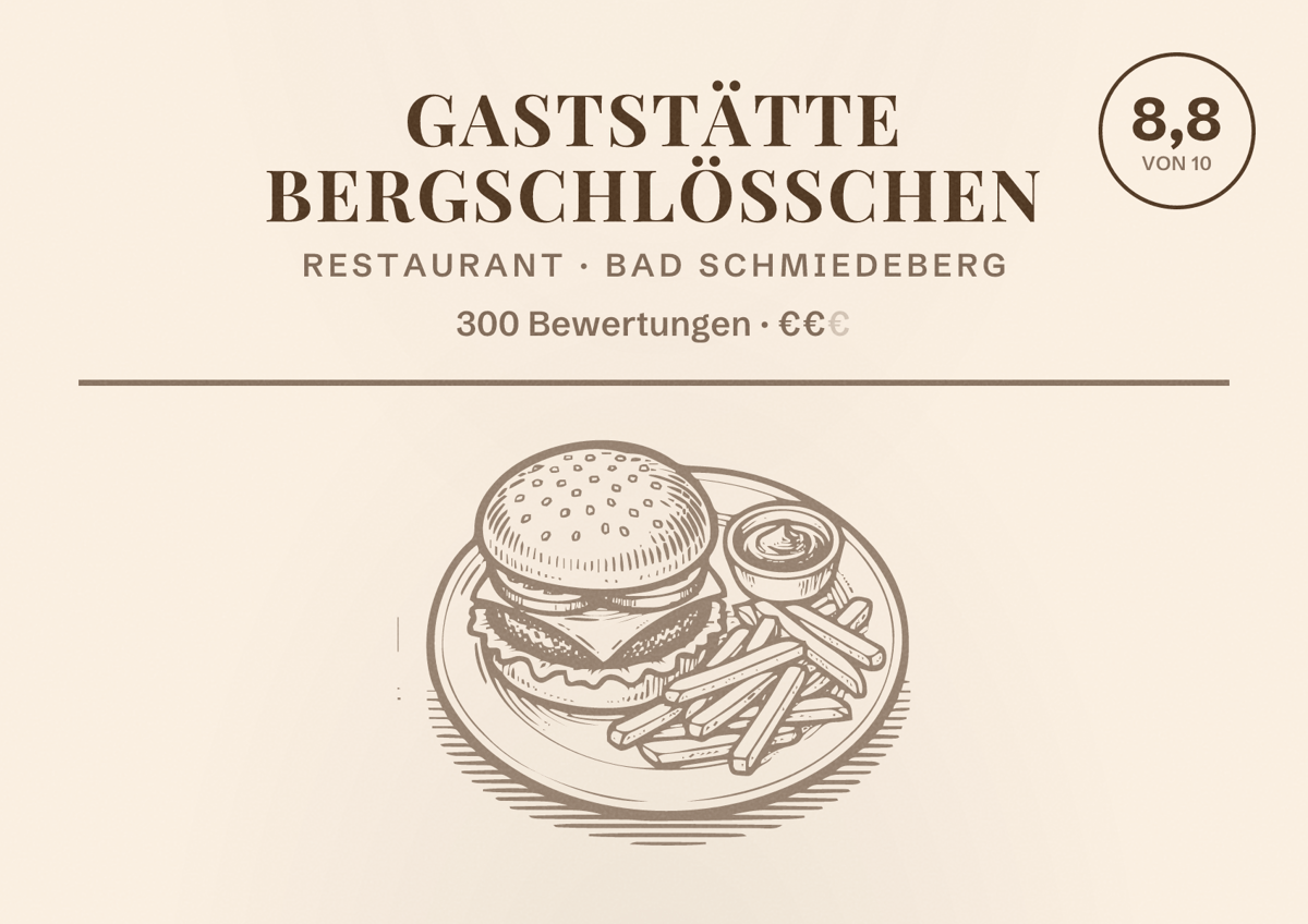Illustriertes Poster von Gaststätte Bergschlösschen, Restaurant in Bad Schmiedeberg: Bewertung 8,8 von 10 aus 300 Bewertungen, Preisniveau €€