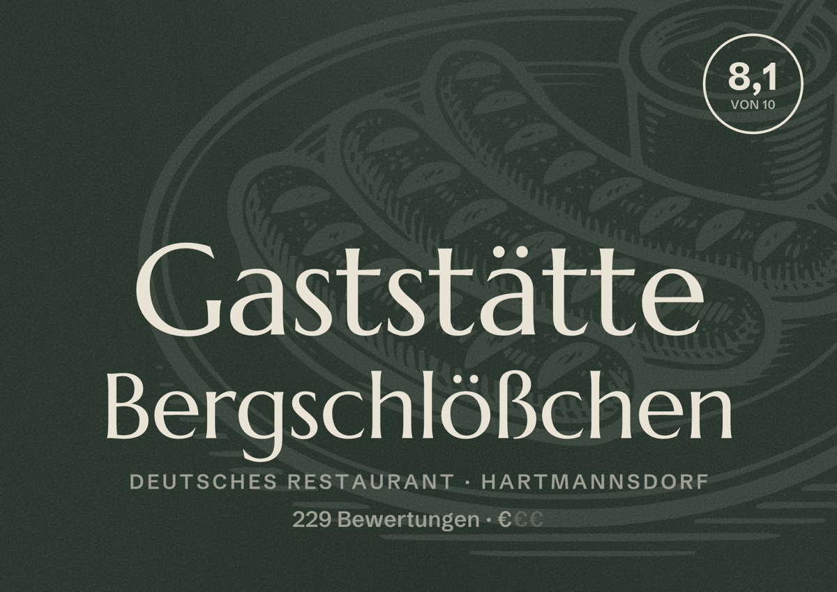Illustriertes Poster von Gaststätte Bergschlößchen, Deutsches Restaurant in Hartmannsdorf: Bewertung 8,1 von 10 aus 229 Bewertungen, Preisniveau €