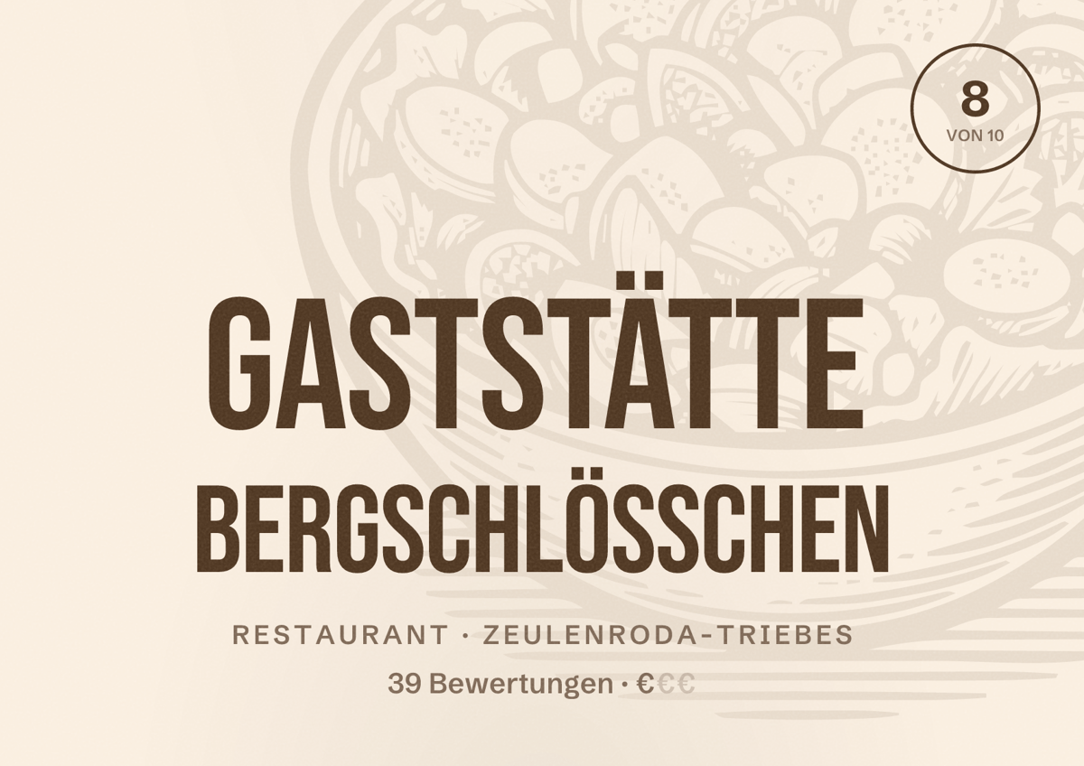 Illustriertes Poster von Gaststätte Bergschlösschen, Restaurant in Zeulenroda-Triebes: Bewertung 8 von 10 aus 39 Bewertungen, Preisniveau €