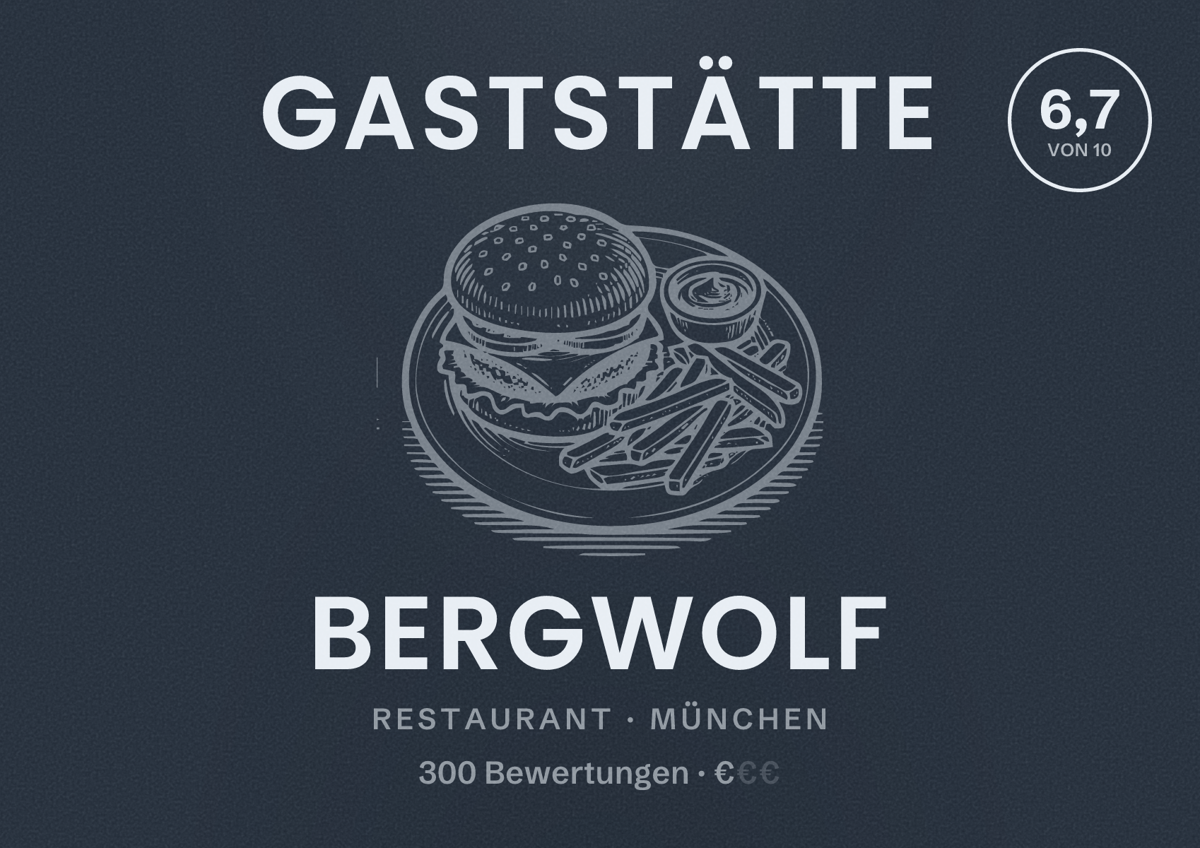 Illustriertes Poster von Gaststätte Bergwolf, Restaurant in München: Bewertung 6,7 von 10 aus 300 Bewertungen, Preisniveau €