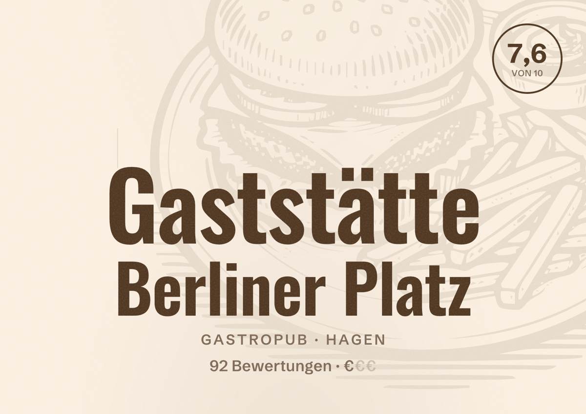 Illustriertes Poster von Gaststätte Berliner Platz, Gastropub in Hagen: Bewertung 7,6 von 10 aus 92 Bewertungen, Preisniveau €