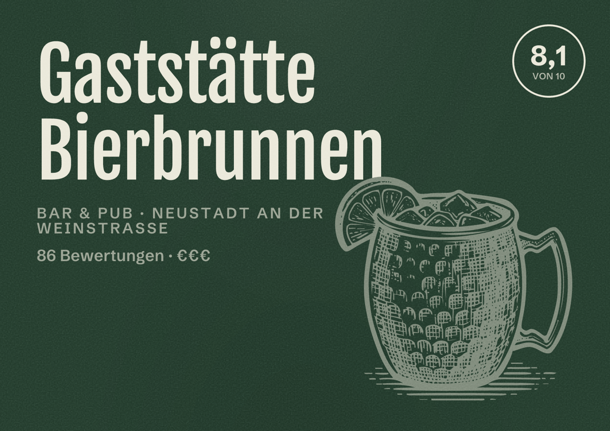 Illustriertes Poster von Gaststätte Bierbrunnen, Bar & Pub in Neustadt an der Weinstraße: Bewertung 8,1 von 10 aus 86 Bewertungen, Preisniveau €€€