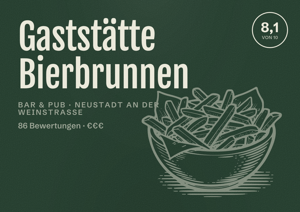 Illustriertes Poster von Gaststätte Bierbrunnen, Bar & Pub in Neustadt an der Weinstraße: Bewertung 8,1 von 10 aus 86 Bewertungen, Preisniveau €€€