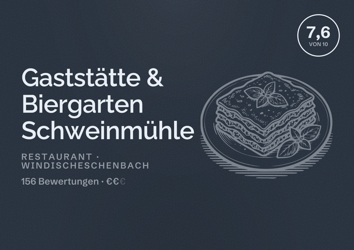 Illustriertes Poster von Gaststätte & Biergarten Schweinmühle, Restaurant in Windischeschenbach: Bewertung 7,6 von 10 aus 156 Bewertungen, Preisniveau €€