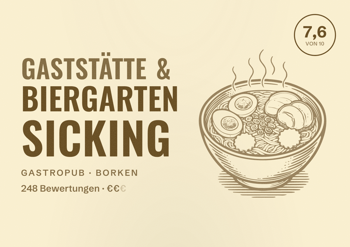 Illustriertes Poster von Gaststätte & Biergarten Sicking, Gastropub in Borken: Bewertung 7,6 von 10 aus 248 Bewertungen, Preisniveau €€