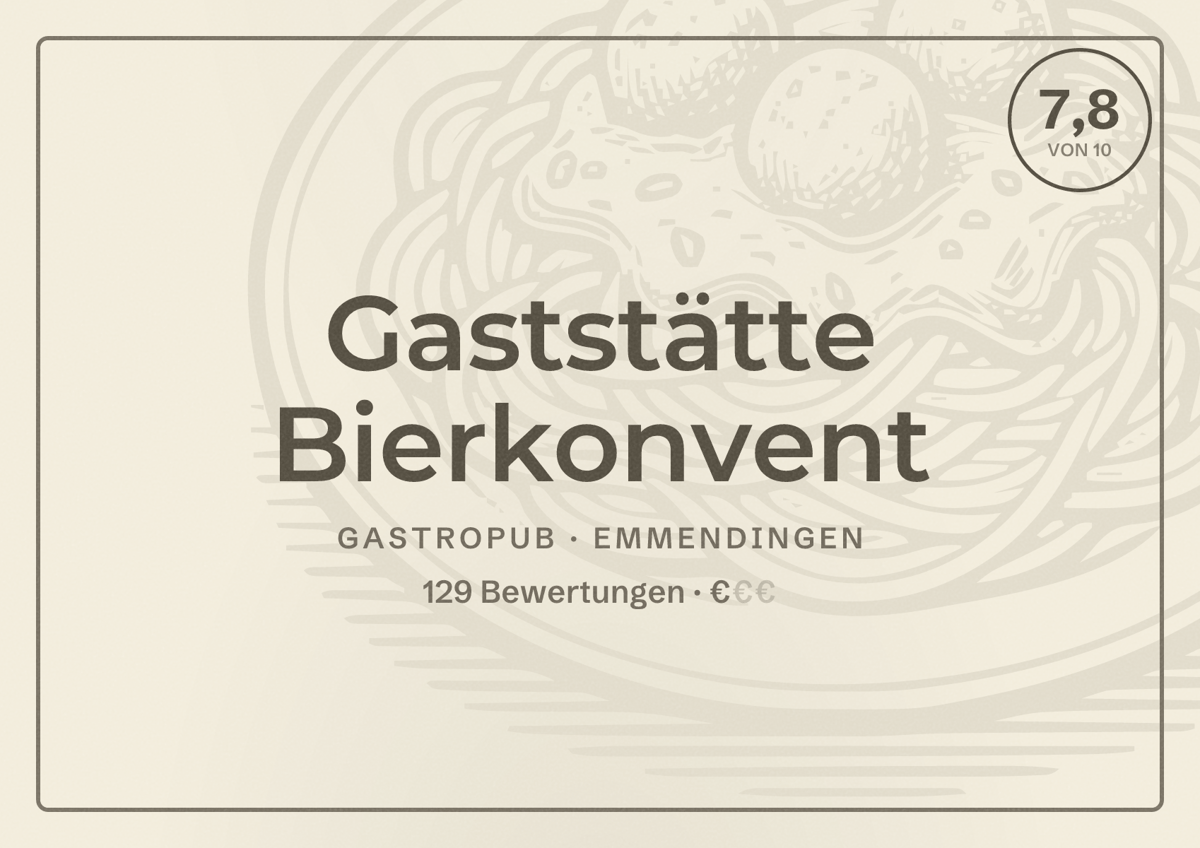 Illustriertes Poster von Gaststätte Bierkonvent, Gastropub in Emmendingen: Bewertung 7,8 von 10 aus 129 Bewertungen, Preisniveau €