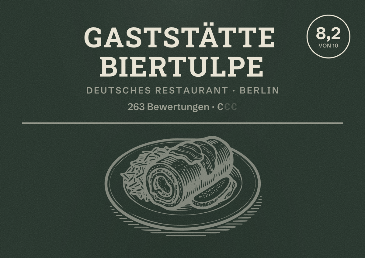 Illustriertes Poster von Gaststätte Biertulpe, Deutsches Restaurant in Berlin: Bewertung 8,2 von 10 aus 263 Bewertungen, Preisniveau €