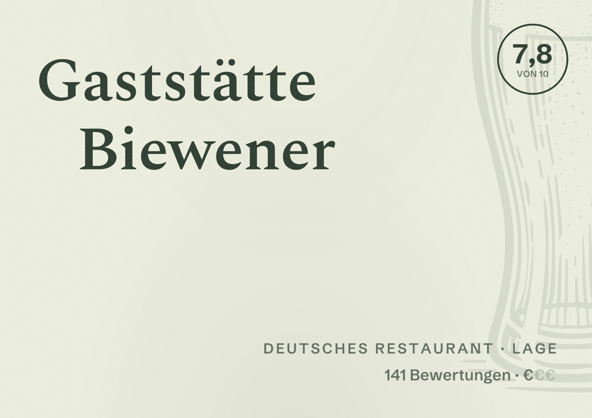 Illustriertes Poster von Gaststätte Biewener, Deutsches Restaurant in Lage: Bewertung 7,8 von 10 aus 141 Bewertungen, Preisniveau €