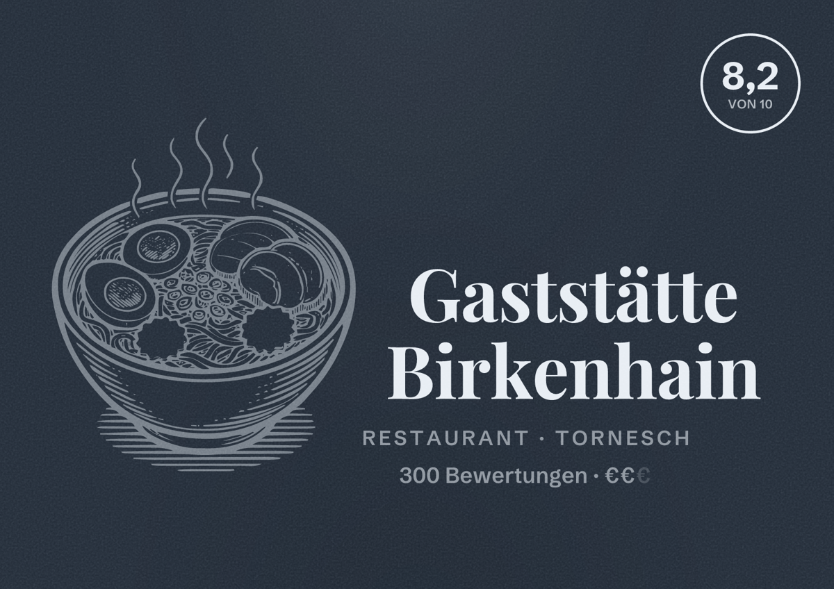 Illustriertes Poster von Gaststätte Birkenhain, Restaurant in Tornesch: Bewertung 8,2 von 10 aus 300 Bewertungen, Preisniveau €€