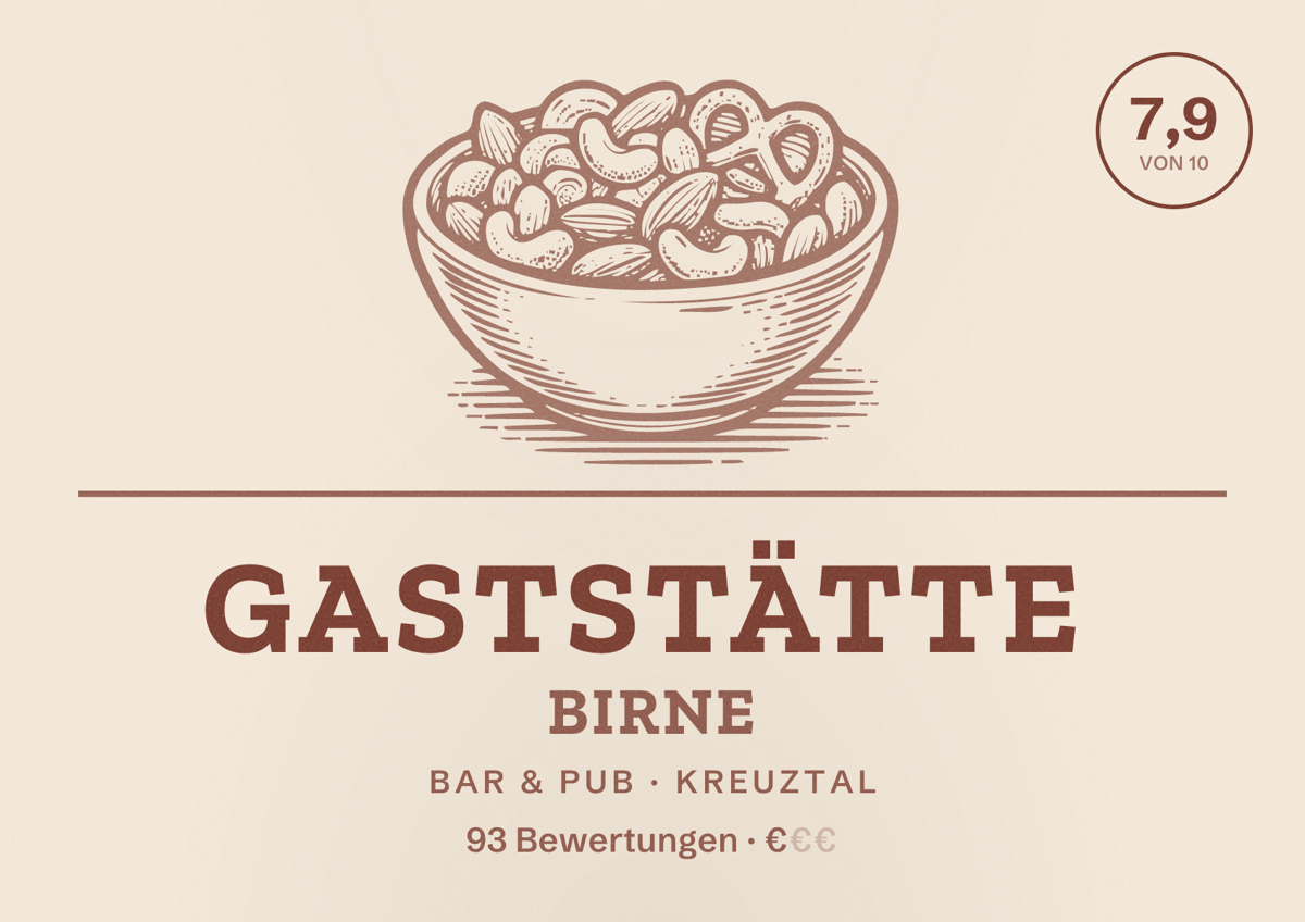 Illustriertes Poster von Gaststätte Birne, Bar & Pub in Kreuztal: Bewertung 7,9 von 10 aus 93 Bewertungen, Preisniveau €