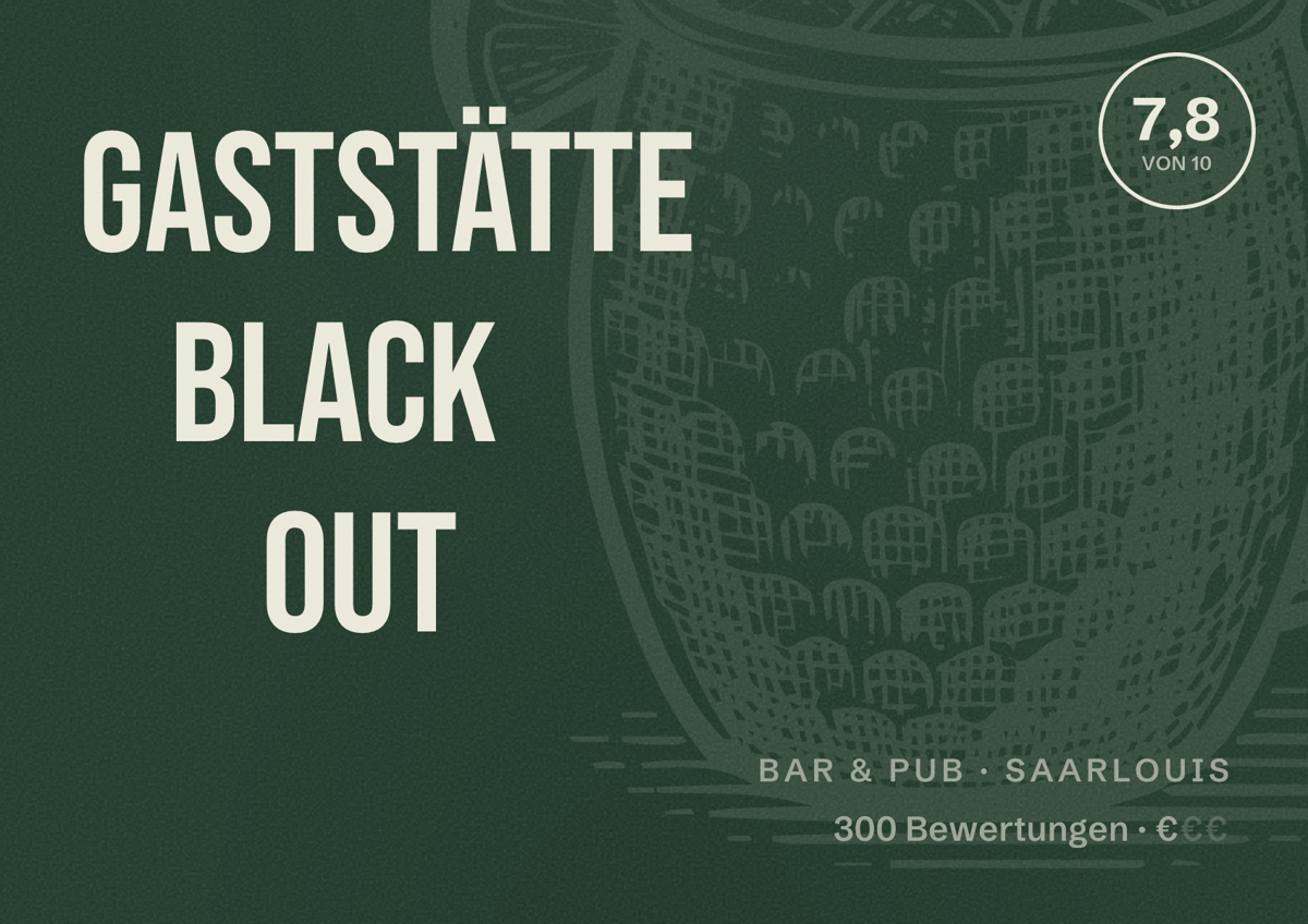 Illustriertes Poster von Gaststätte Black Out, Bar & Pub in Saarlouis: Bewertung 7,8 von 10 aus 300 Bewertungen, Preisniveau €