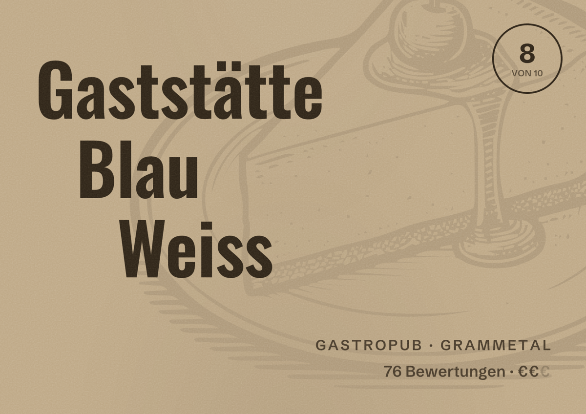 Illustriertes Poster von Gaststätte Blau Weiss, Gastropub in Grammetal: Bewertung 8 von 10 aus 76 Bewertungen, Preisniveau €€