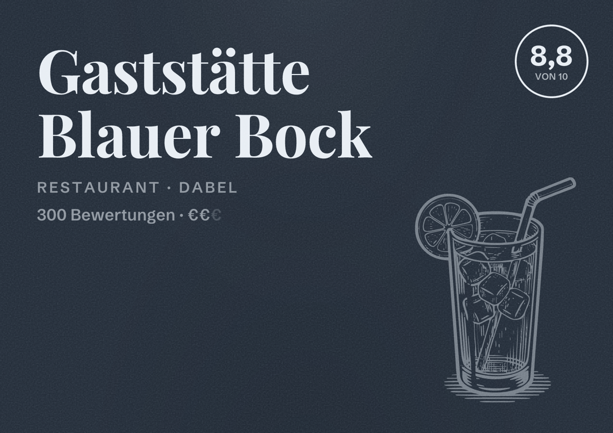 Illustriertes Poster von Gaststätte Blauer Bock, Restaurant in Dabel: Bewertung 8,8 von 10 aus 300 Bewertungen, Preisniveau €€