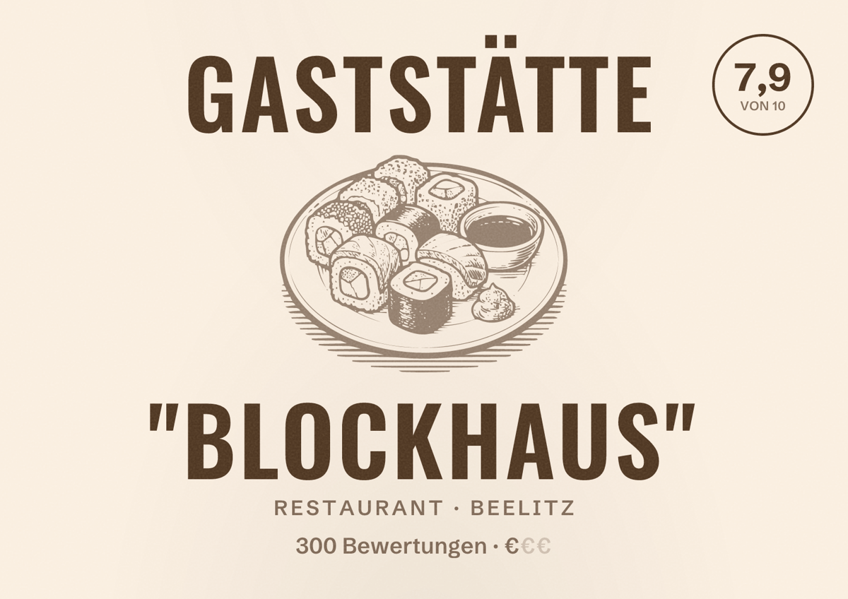 Illustriertes Poster von Gaststätte "Blockhaus", Restaurant in Beelitz: Bewertung 7,9 von 10 aus 300 Bewertungen, Preisniveau €