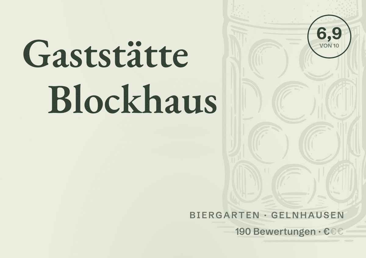 Illustriertes Poster von Gaststätte Blockhaus, Biergarten in Gelnhausen: Bewertung 6,9 von 10 aus 190 Bewertungen, Preisniveau €