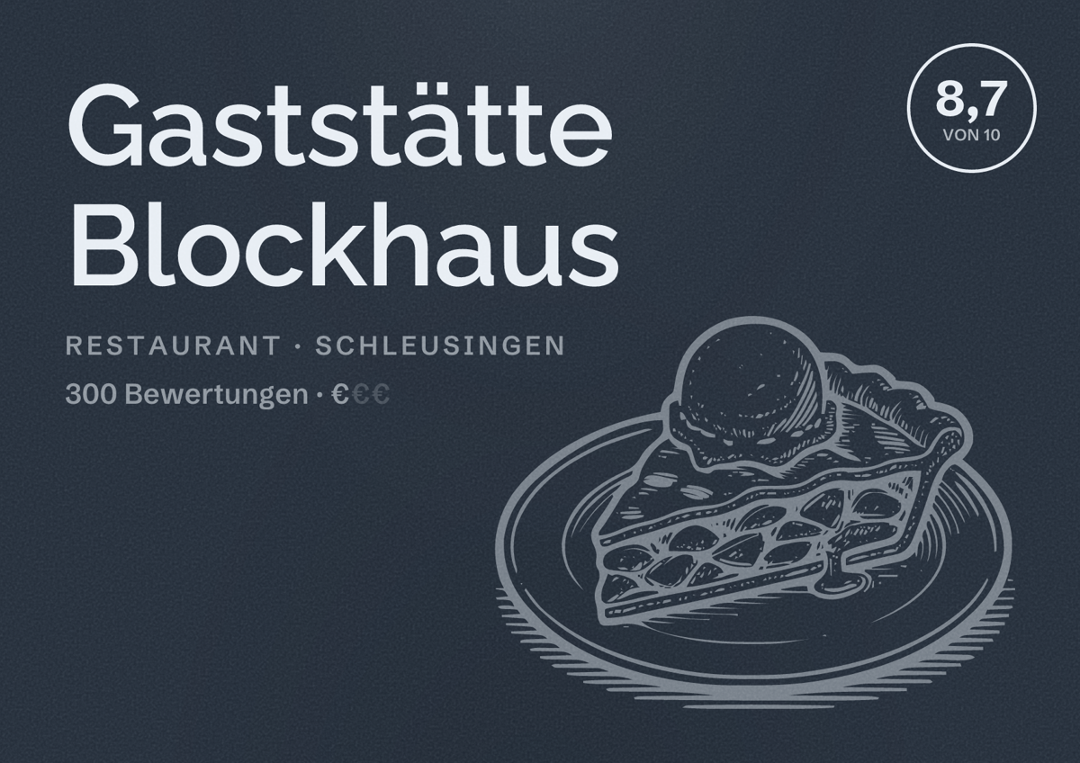 Illustriertes Poster von Gaststätte Blockhaus, Restaurant in Schleusingen: Bewertung 8,7 von 10 aus 300 Bewertungen, Preisniveau €