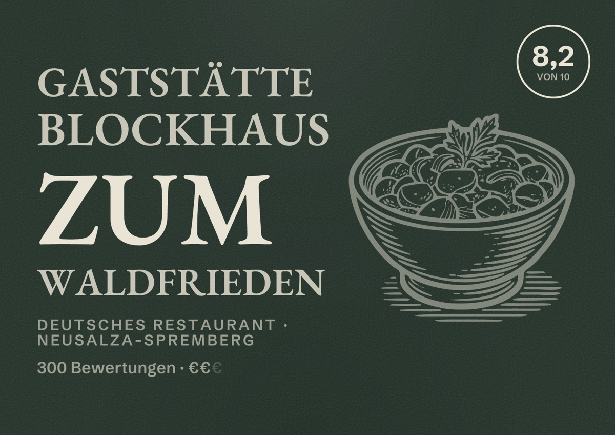 Illustriertes Poster von Gaststätte Blockhaus zum Waldfrieden, Deutsches Restaurant in Neusalza-Spremberg: Bewertung 8,2 von 10 aus 300 Bewertungen, Preisniveau €€