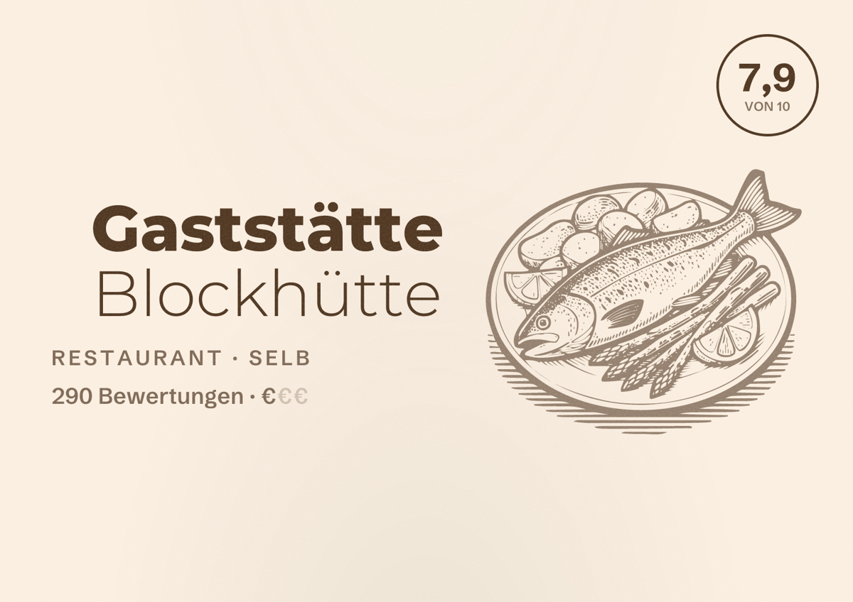 Illustriertes Poster von Gaststätte Blockhütte, Restaurant in Selb: Bewertung 7,9 von 10 aus 290 Bewertungen, Preisniveau €