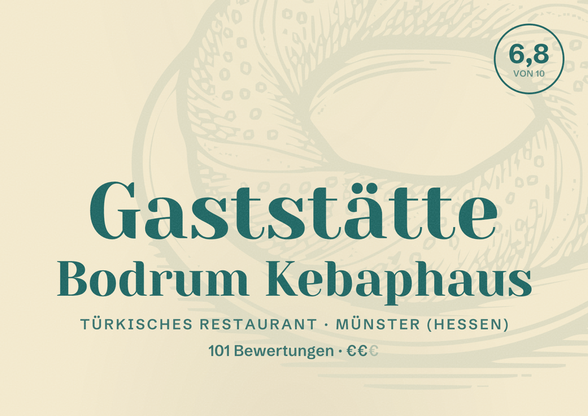 Illustriertes Poster von Gaststätte Bodrum Kebaphaus, Türkisches Restaurant in Münster (Hessen): Bewertung 6,8 von 10 aus 101 Bewertungen, Preisniveau €€