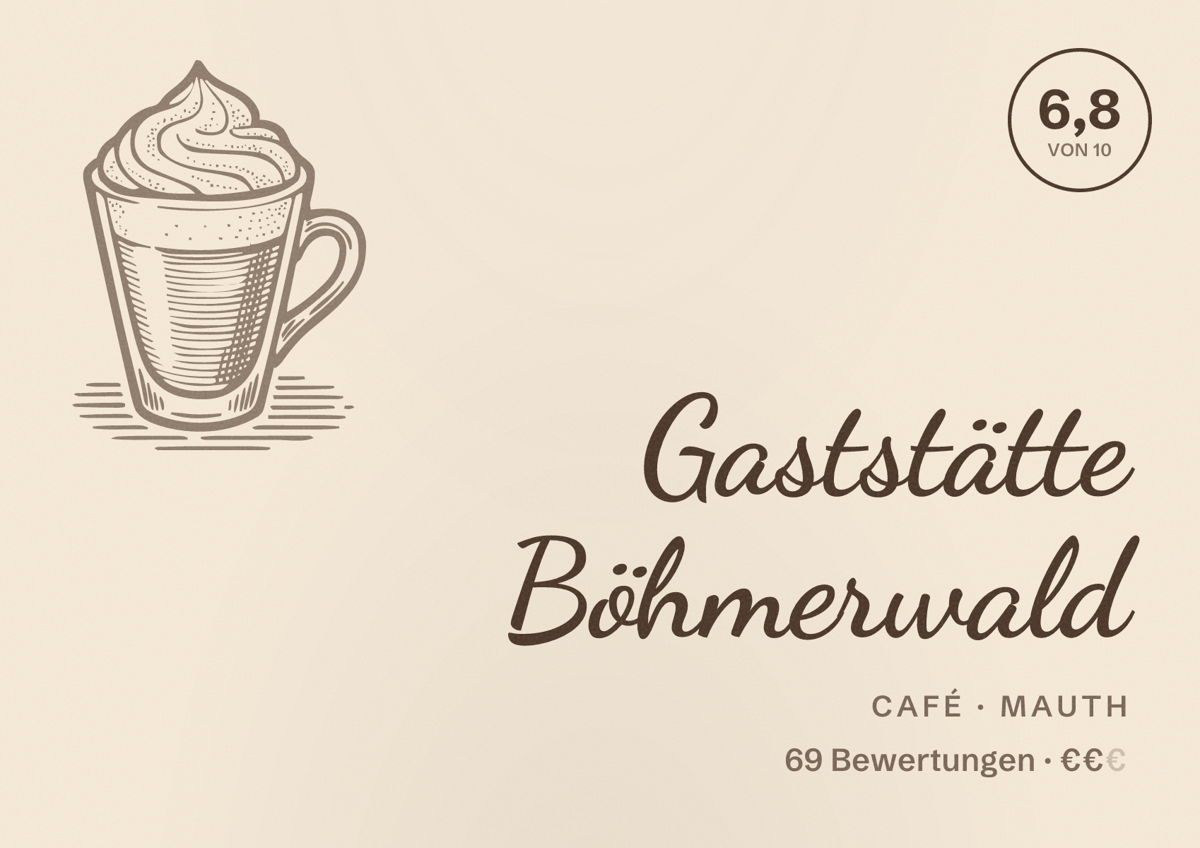 Illustriertes Poster von Gaststätte Böhmerwald, Café in Mauth: Bewertung 6,8 von 10 aus 69 Bewertungen, Preisniveau €€