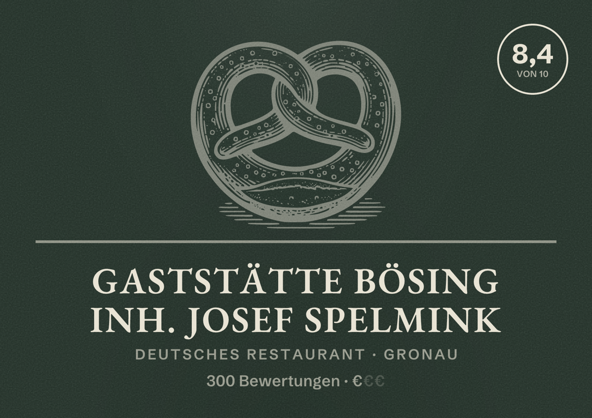 Illustriertes Poster von Gaststätte Bösing Inh. Josef Spelmink, Deutsches Restaurant in Gronau: Bewertung 8,4 von 10 aus 300 Bewertungen, Preisniveau €