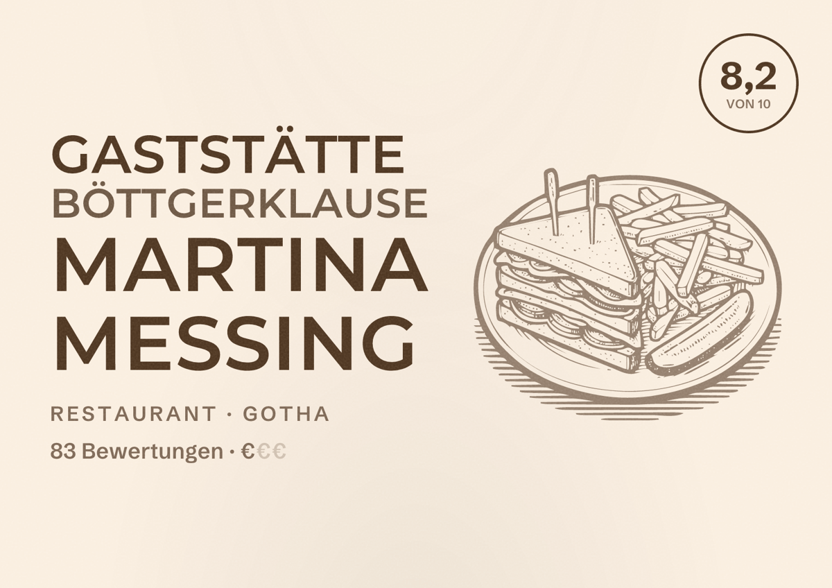 Illustriertes Poster von Gaststätte Böttgerklause Martina Messing, Restaurant in Gotha: Bewertung 8,2 von 10 aus 83 Bewertungen, Preisniveau €