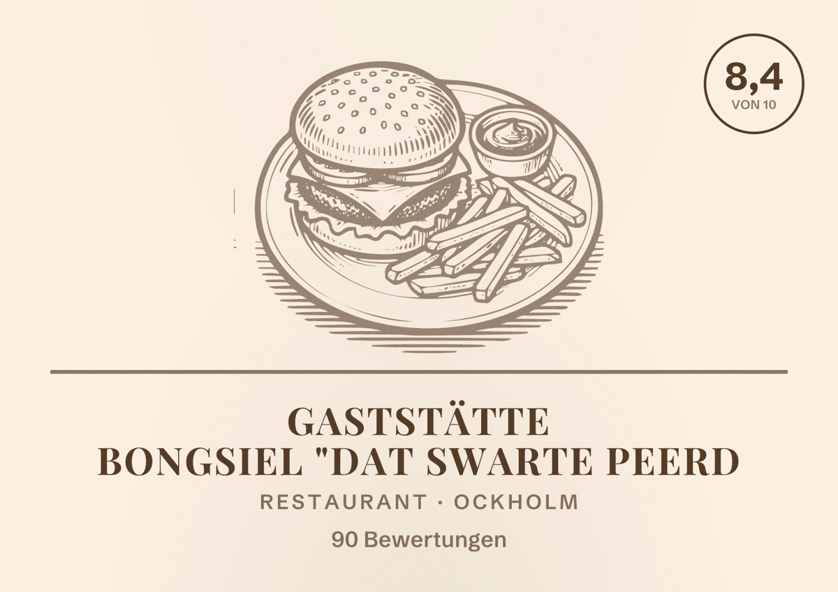 Illustriertes Poster von Gaststätte Bongsiel "Dat swarte Peerd, Restaurant in Ockholm: Bewertung 8,4 von 10 aus 90 Bewertungen