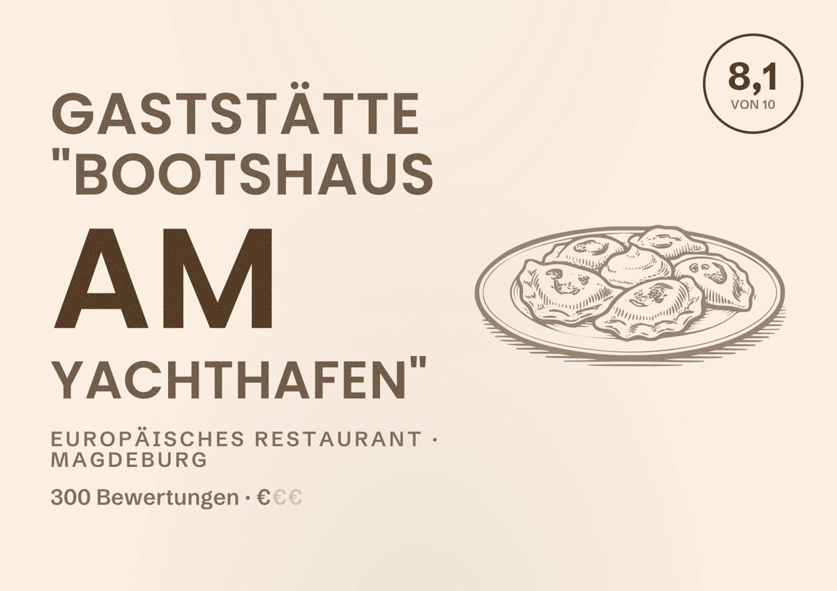 Illustriertes Poster von Gaststätte "Bootshaus am Yachthafen", Europäisches Restaurant in Magdeburg: Bewertung 8,1 von 10 aus 300 Bewertungen, Preisniveau €