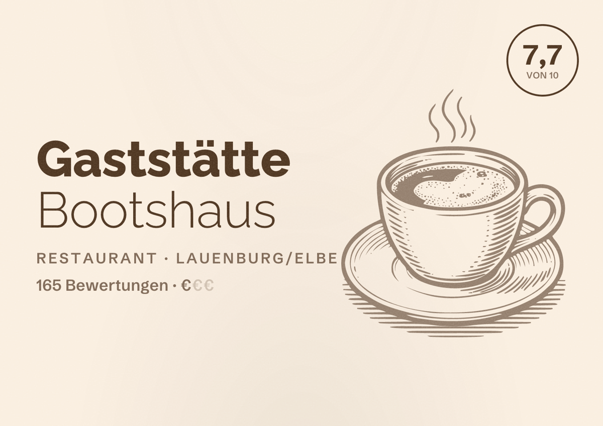 Illustriertes Poster von Gaststätte Bootshaus, Restaurant in Lauenburg/Elbe: Bewertung 7,7 von 10 aus 165 Bewertungen, Preisniveau €