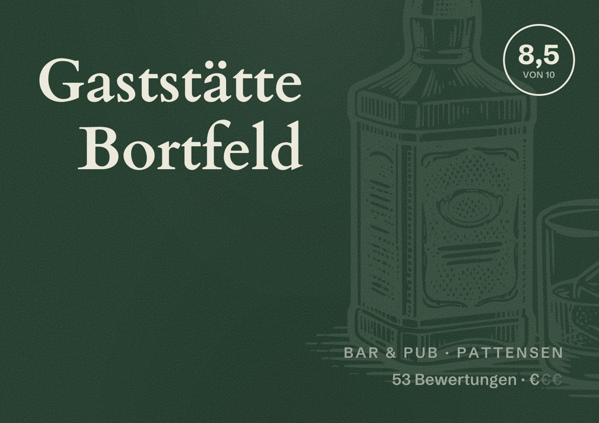 Illustriertes Poster von Gaststätte Bortfeld, Bar & Pub in Pattensen: Bewertung 8,5 von 10 aus 53 Bewertungen, Preisniveau €