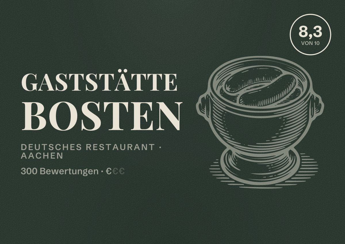Illustriertes Poster von Gaststätte Bosten, Deutsches Restaurant in Aachen: Bewertung 8,3 von 10 aus 300 Bewertungen, Preisniveau €