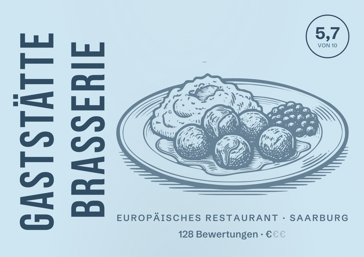 Illustriertes Poster von Gaststätte Brasserie, Europäisches Restaurant in Saarburg: Bewertung 5,7 von 10 aus 128 Bewertungen, Preisniveau €