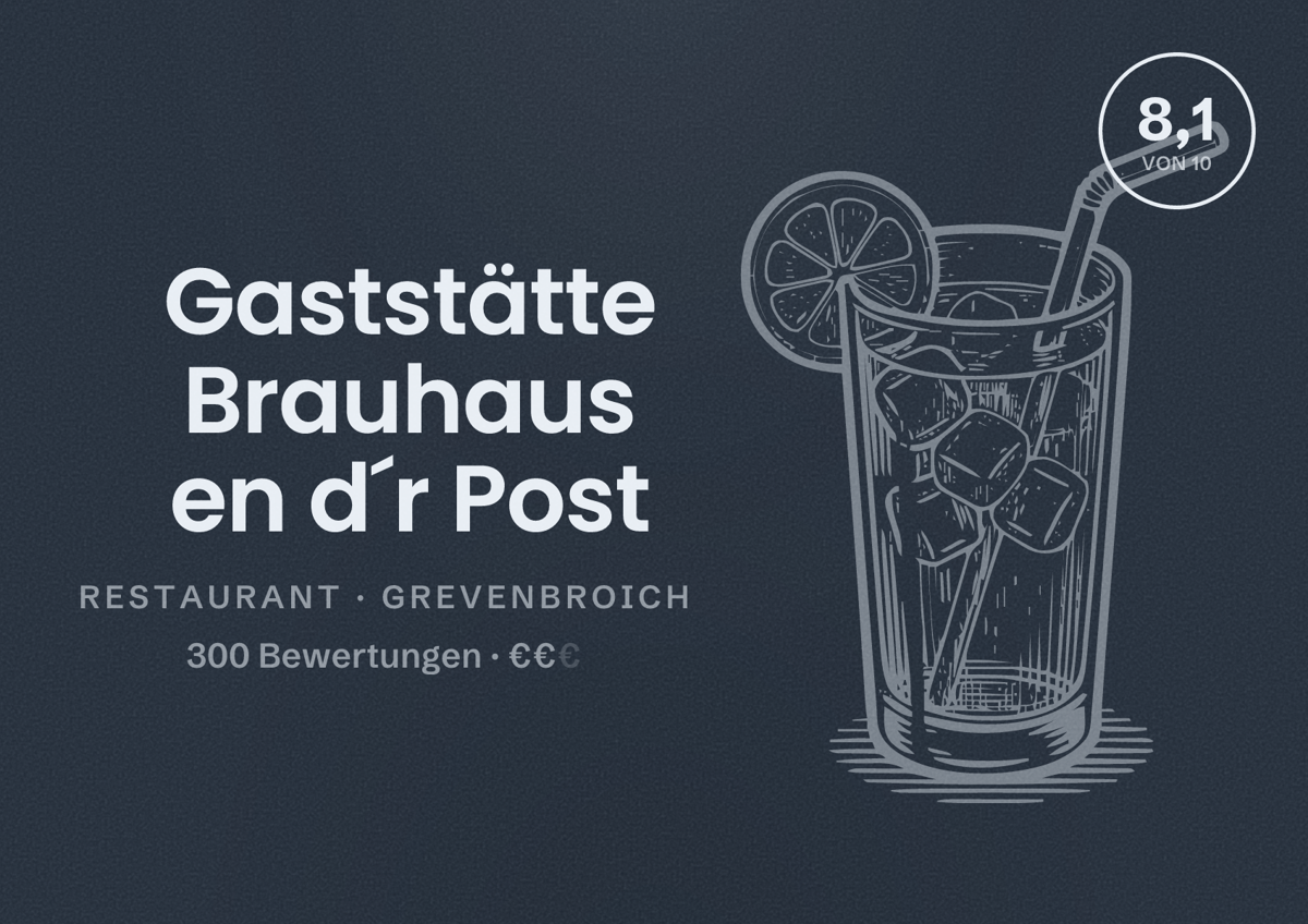 Illustriertes Poster von Gaststätte Brauhaus en d´r Post, Restaurant in Grevenbroich: Bewertung 8,1 von 10 aus 300 Bewertungen, Preisniveau €€