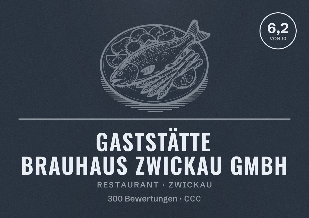 Illustriertes Poster von Gaststätte Brauhaus Zwickau GmbH, Restaurant in Zwickau: Bewertung 6,2 von 10 aus 300 Bewertungen, Preisniveau €€€