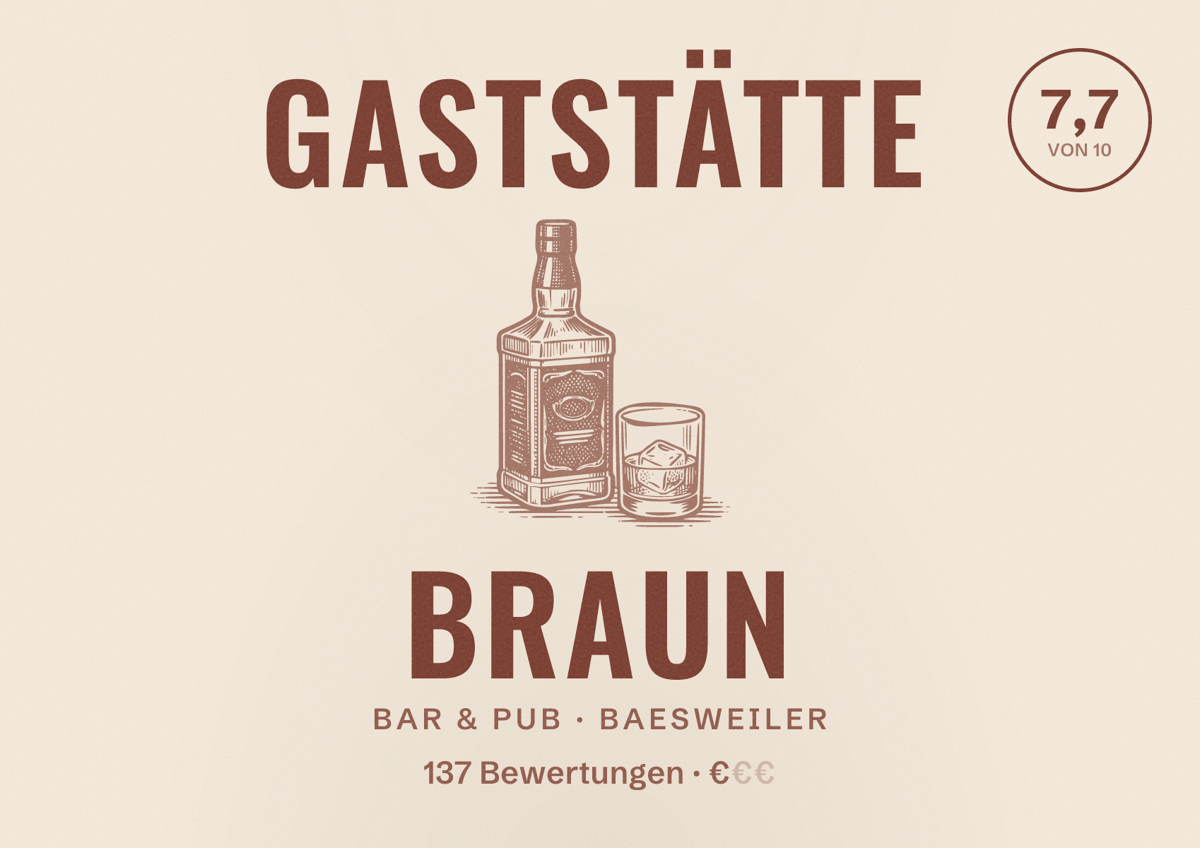 Illustriertes Poster von Gaststätte Braun, Bar & Pub in Baesweiler: Bewertung 7,7 von 10 aus 137 Bewertungen, Preisniveau €