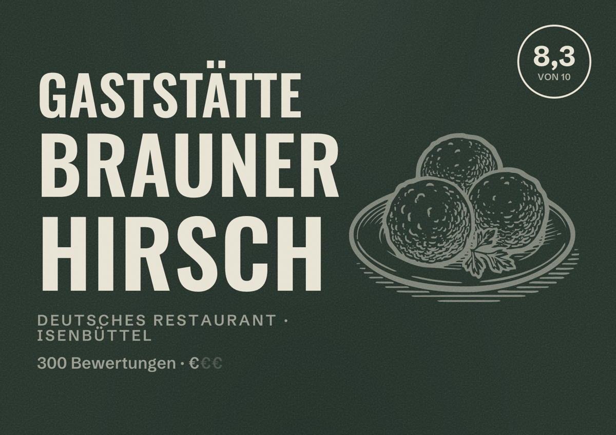 Illustriertes Poster von Gaststätte Brauner Hirsch, Deutsches Restaurant in Isenbüttel: Bewertung 8,3 von 10 aus 300 Bewertungen, Preisniveau €