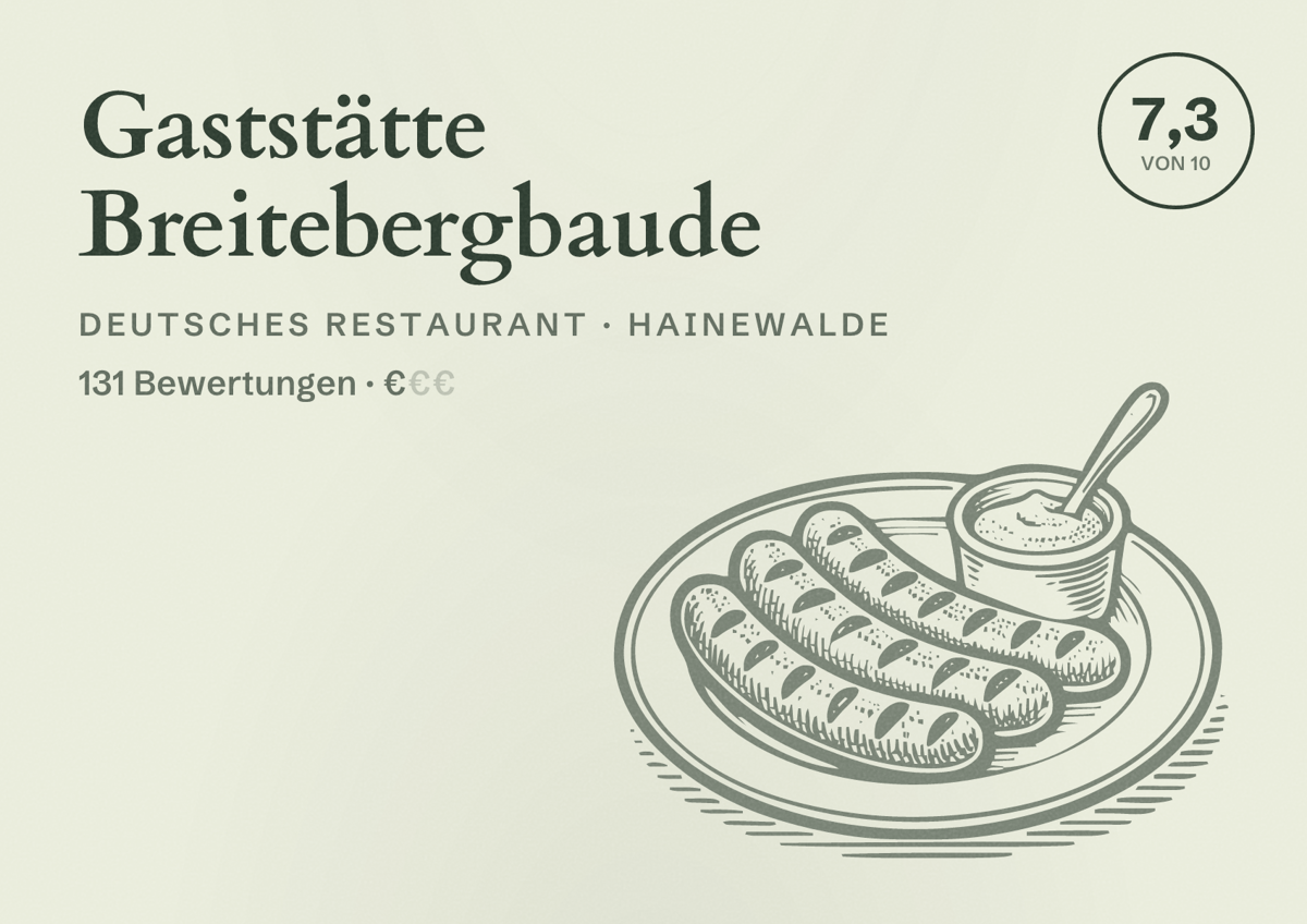 Illustriertes Poster von Gaststätte Breitebergbaude, Deutsches Restaurant in Hainewalde: Bewertung 7,3 von 10 aus 131 Bewertungen, Preisniveau €