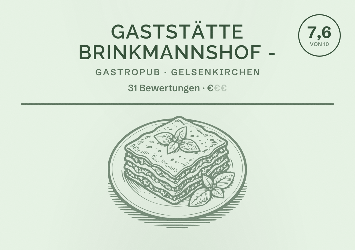 Illustriertes Poster von Gaststätte Brinkmannshof -, Gastropub in Gelsenkirchen: Bewertung 7,6 von 10 aus 31 Bewertungen, Preisniveau €