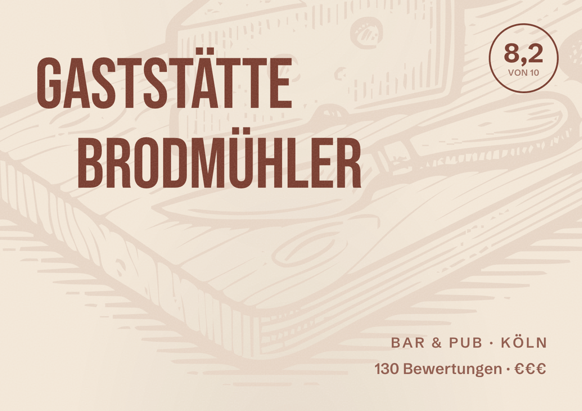 Illustriertes Poster von Gaststätte Brodmühler, Bar & Pub in Köln: Bewertung 8,2 von 10 aus 130 Bewertungen, Preisniveau €€€