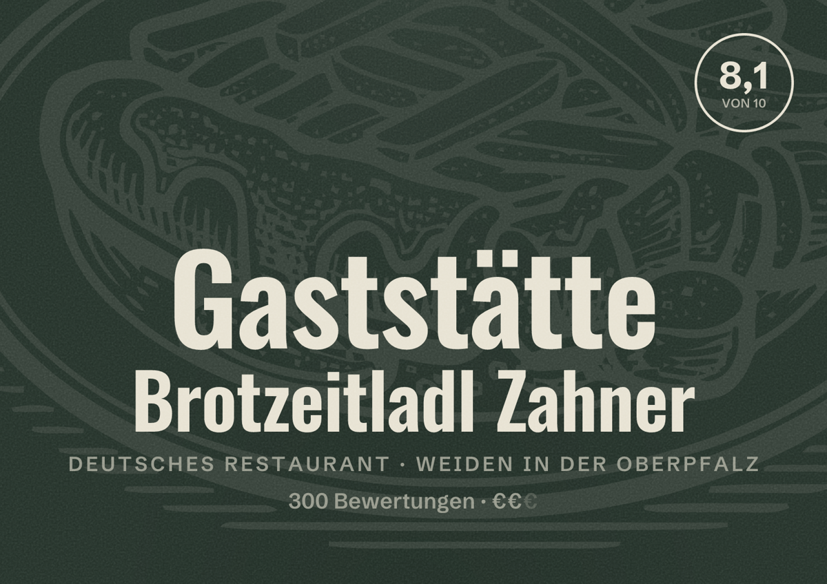 Illustriertes Poster von Gaststätte Brotzeitladl Zahner, Deutsches Restaurant in Weiden in der Oberpfalz: Bewertung 8,1 von 10 aus 300 Bewertungen, Preisniveau €€